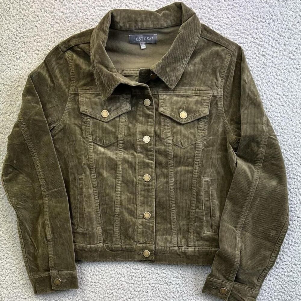 JUST USA Womens Olive Green Corduroy Jacket Sz Med Button Down Pockets NEW‎